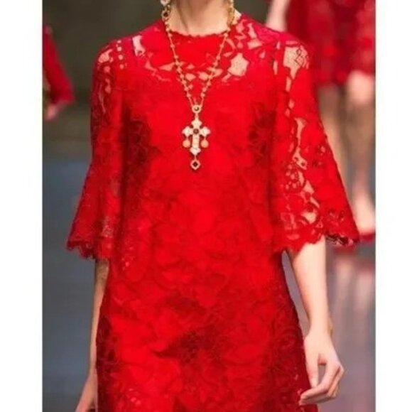 Dolce & Gabbana Red Lace Midi Dress